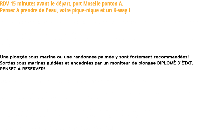 RDV 15 minutes avant le départ, port Moselle ponton A.  Pensez à prendre de l'eau, votre pique-nique et un K-way ! Situé en face de la passe de Dumbéa, à l'Ouest de Nouméa, à environ 30 minutes de bateau. Un long récif corallien entoure l’îlot. Près de 120 espèces de poissons et des tortues vivent dans les eaux peu profondes de l’îlot Signal. Une plongée sous-marine ou une randonnée palmée y sont fortement recommandées! Sorties sous marines guidées et encadrées par un moniteur de plongée DIPLOMÉ D'ÉTAT. PENSEZ À RESERVER! Matériel complet fourni (vous arrivez en slip et ATAO vous équipe !). Outre des végétaux communs aux îlots, on trouve aussi une importante forêt sèche, dont la principale espèce est le Chêne du bord de mer. On peut y observer différentes espèces d’oiseaux rares et protégées. Un sentier pédestre et botanique vous guide tout autour de l'île. L’îlot Signal est une Aire Marine Protégée ! AMP* 